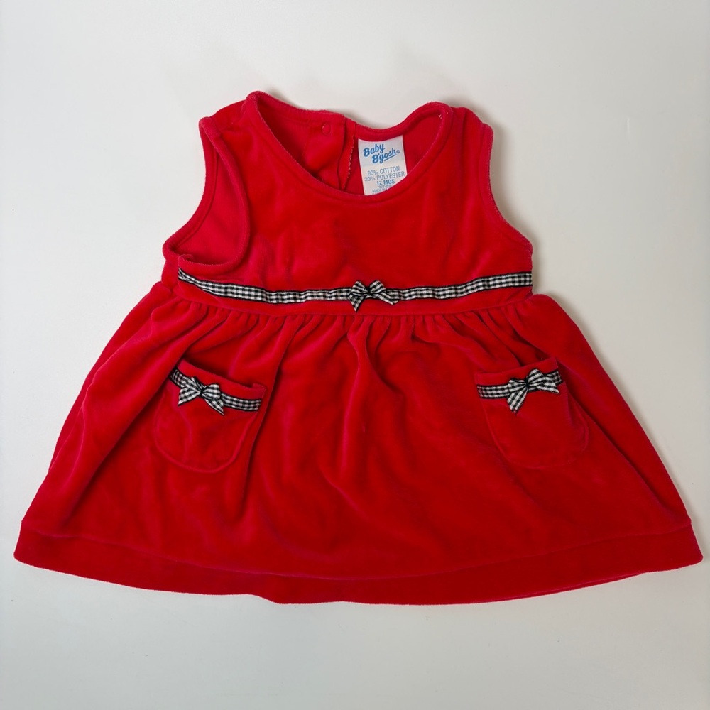 VTG Baby B’Gosh Velour Velvet Red Jumper Dress 12 Months Checkered Bows